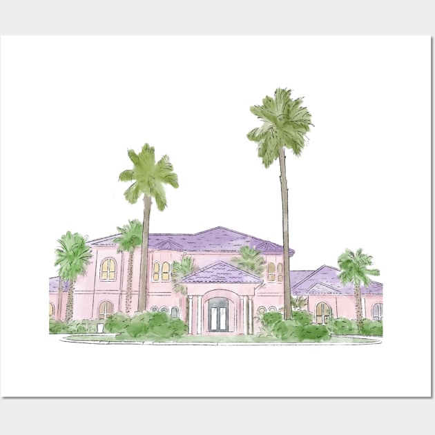 California watercolor house, Malibu party house, watercolor home, beach house Wall Art by PrimeStore